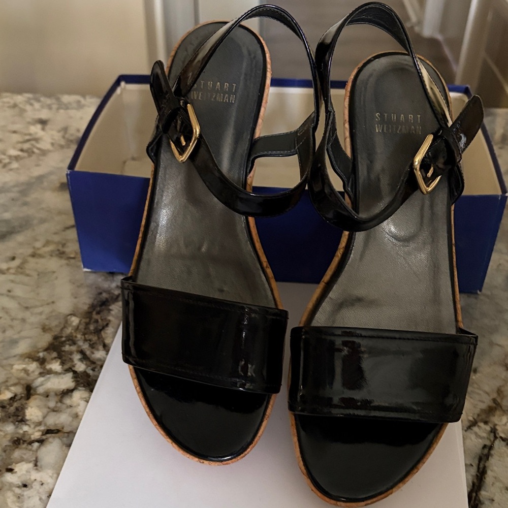 Stuart Weitzman Black Patent Leather Open-Toe Slingback Sandals